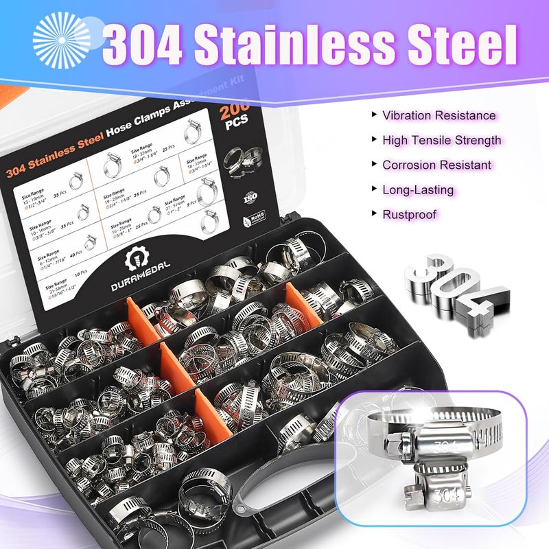 Duramedal Hose Clamp- 200 PCS Stainless Steel Hose Clamps Assortment Kit 1/4''–1-2'' stainless steel hose clamps for Fuel Line, Plumbing, Automotive, Mechanical Applications, Tube, Garden - Image 4
